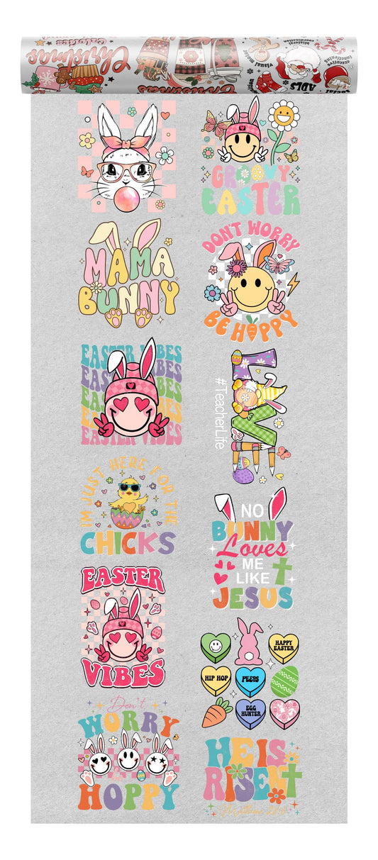 An adorable collection of DTF designs celebrating Easter, featuring cute bunnies, chicks, and Easter eggs in pastel colors with playful messages.