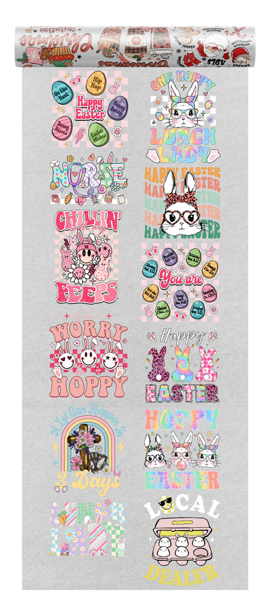 A vibrant and colorful DTF design bundle for Easter featuring playful bunnies, pastel eggs, and joyful greetings.