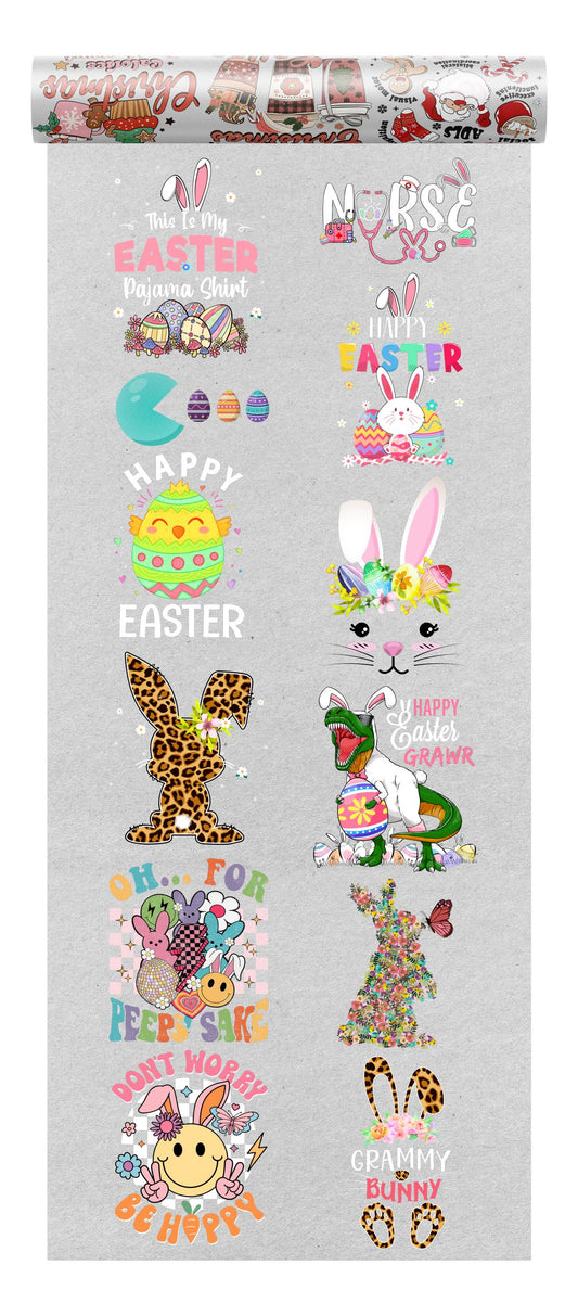 A diverse collection of Easter-themed DTF designs featuring adorable bunnies, Easter eggs, and playful springtime graphics.