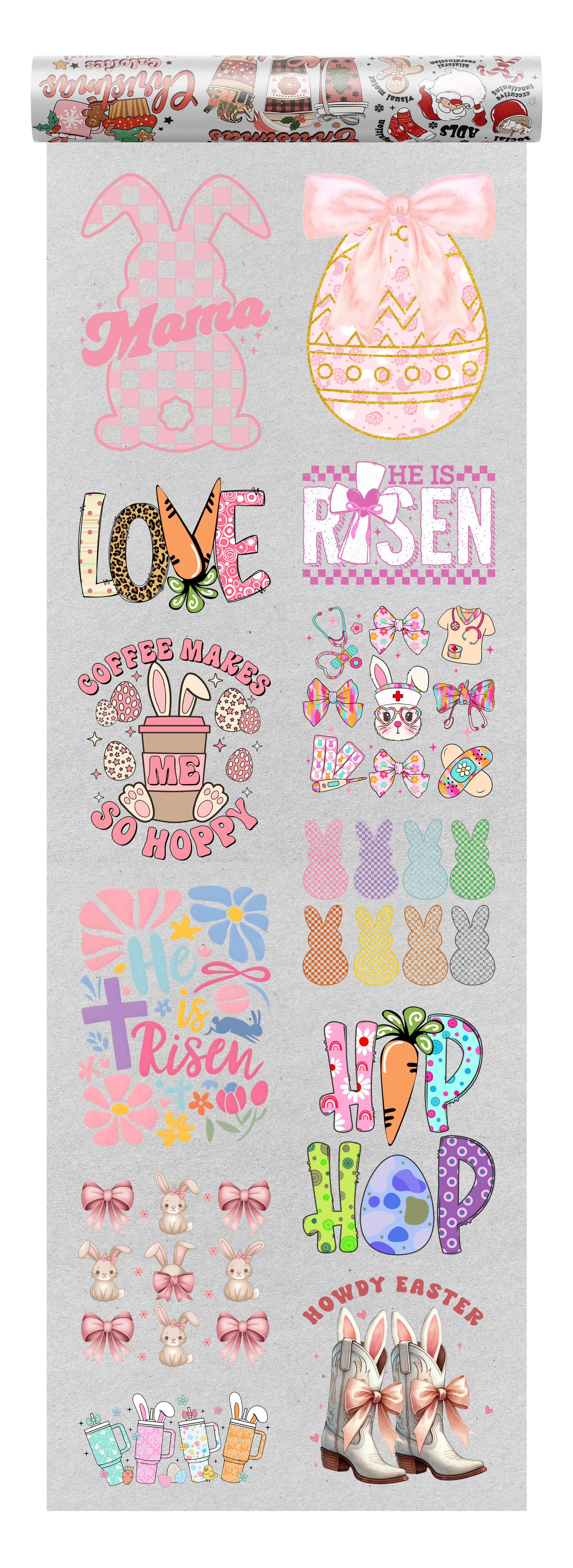 Easter DTF heat transfer bundle featuring 12 pastel and festive ready-to-press designs, including bunny graphics, faith-based Easter quotes, bows, and spring-inspired typography.