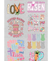 Easter DTF heat transfer bundle featuring 12 pastel and festive ready-to-press designs, including bunny graphics, faith-based Easter quotes, bows, and spring-inspired typography.