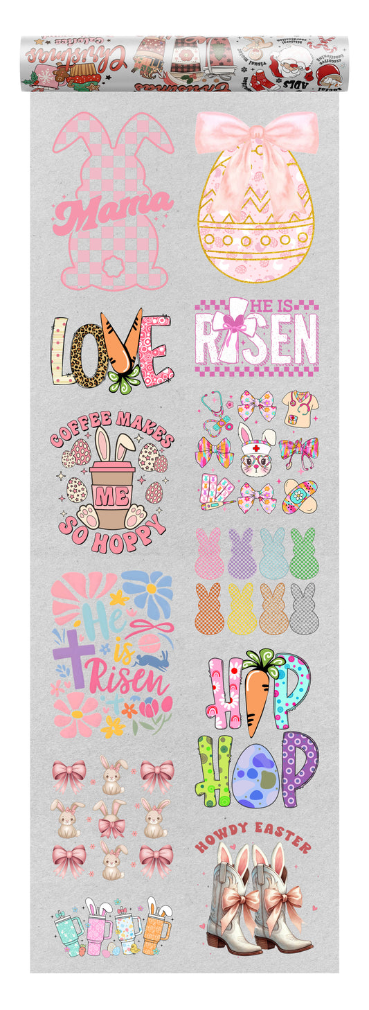 Easter DTF heat transfer bundle featuring 12 pastel and festive ready-to-press designs, including bunny graphics, faith-based Easter quotes, bows, and spring-inspired typography.