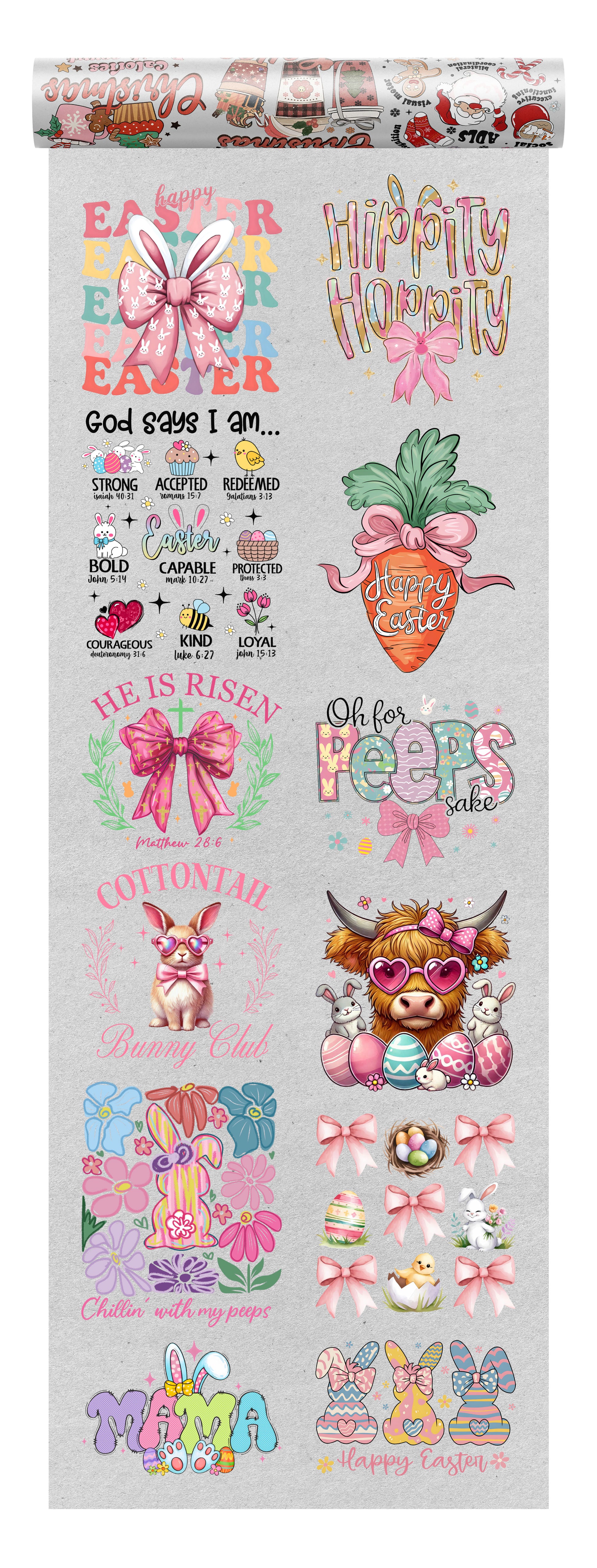 Easter DTF heat transfer bundle featuring 12 colorful and festive ready-to-press designs, including bunnies, Easter eggs, faith-based quotes, and cute spring graphics.