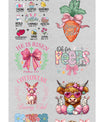 Easter DTF heat transfer bundle featuring 12 colorful and festive ready-to-press designs, including bunnies, Easter eggs, faith-based quotes, and cute spring graphics.