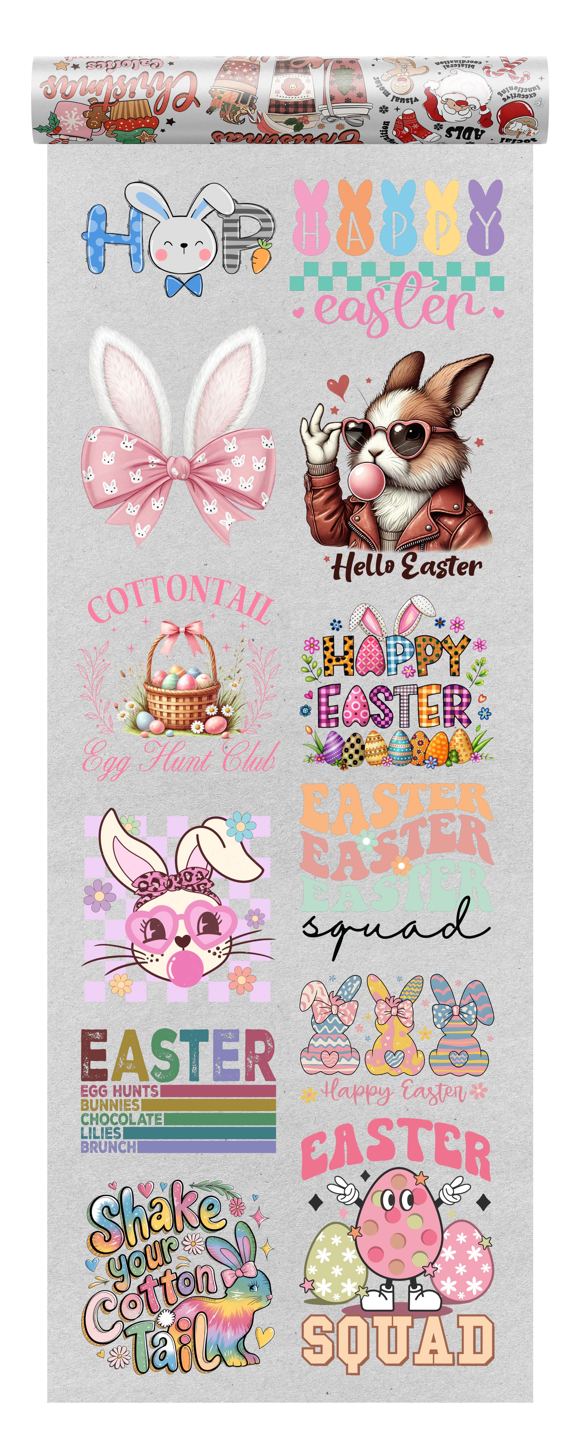 Easter DTF heat transfer bundle featuring 12 colorful and festive ready-to-press designs, including bunnies, pastel bows, Easter eggs, and playful holiday typography.