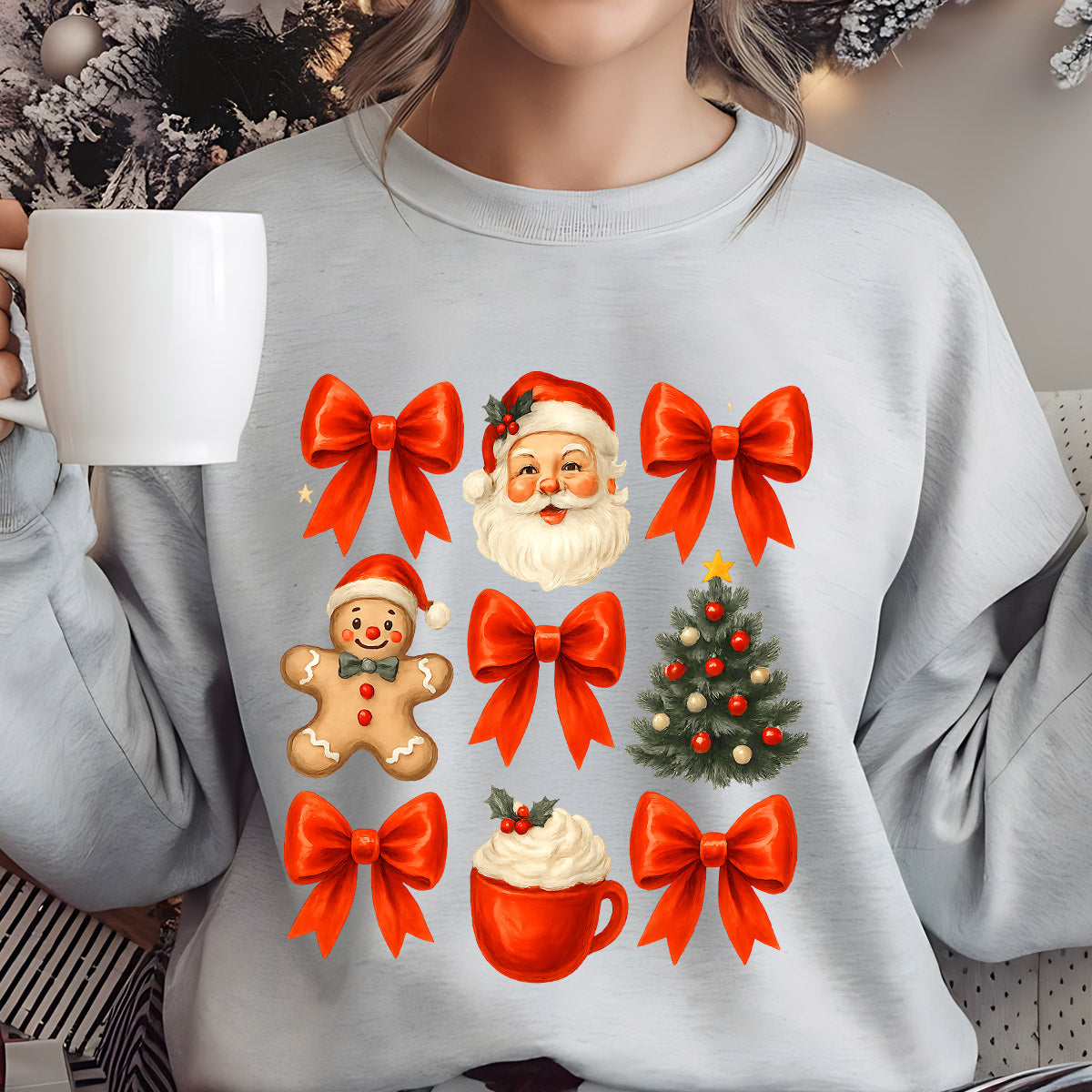 Sweatshirt featuring a Christmas-themed DTF transfer.