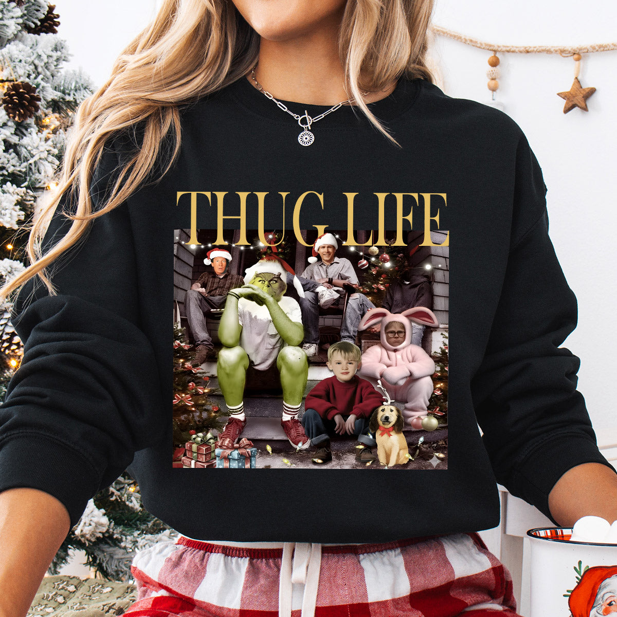 Sweatshirt featuring a Christmas-themed DTF transfer.