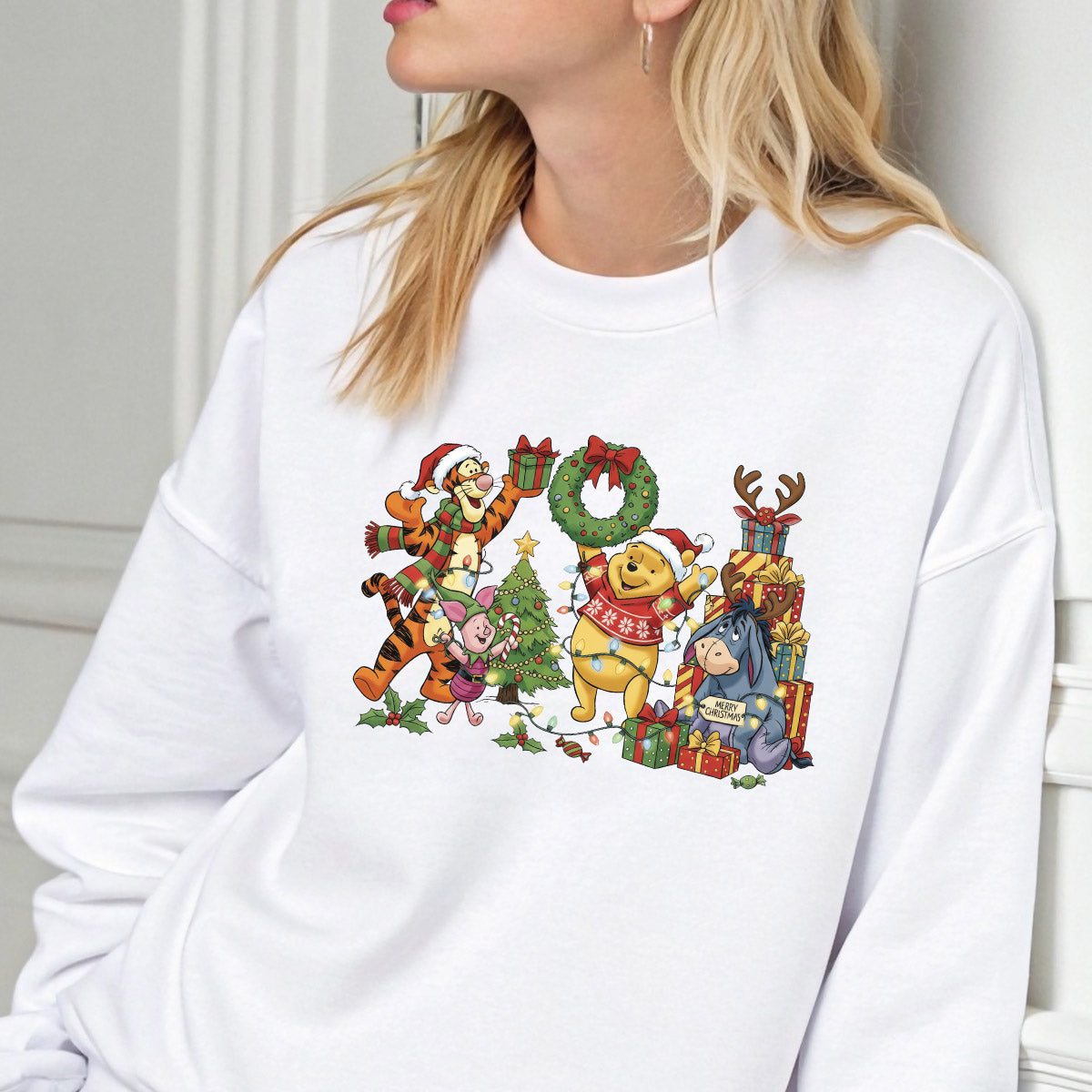 Sweatshirt featuring a Christmas-themed DTF transfer.