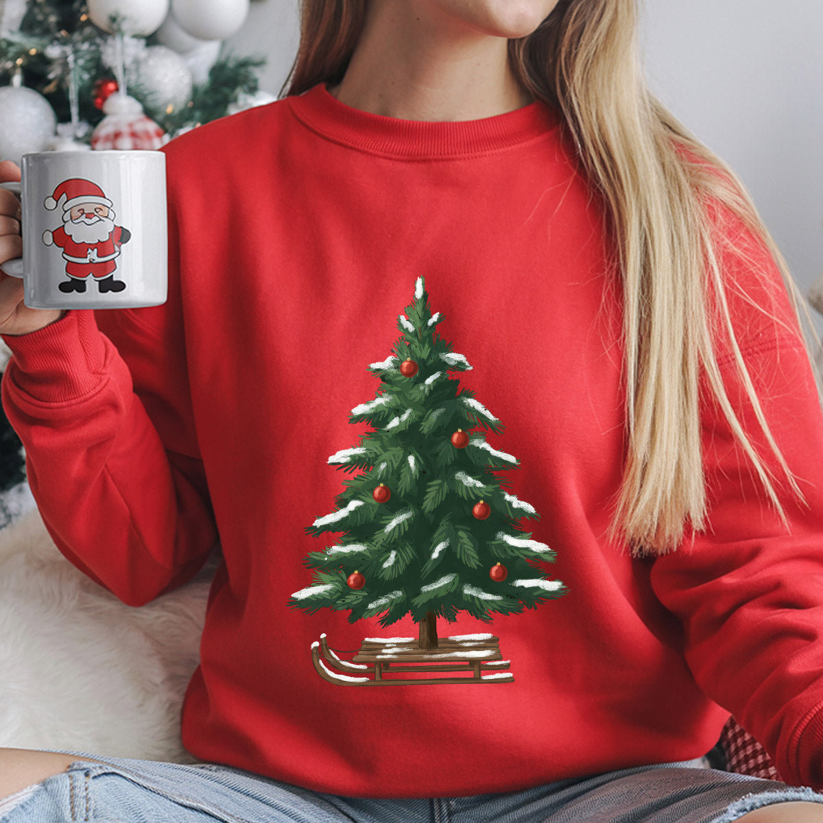 Sweatshirt featuring a Christmas-themed DTF transfer.