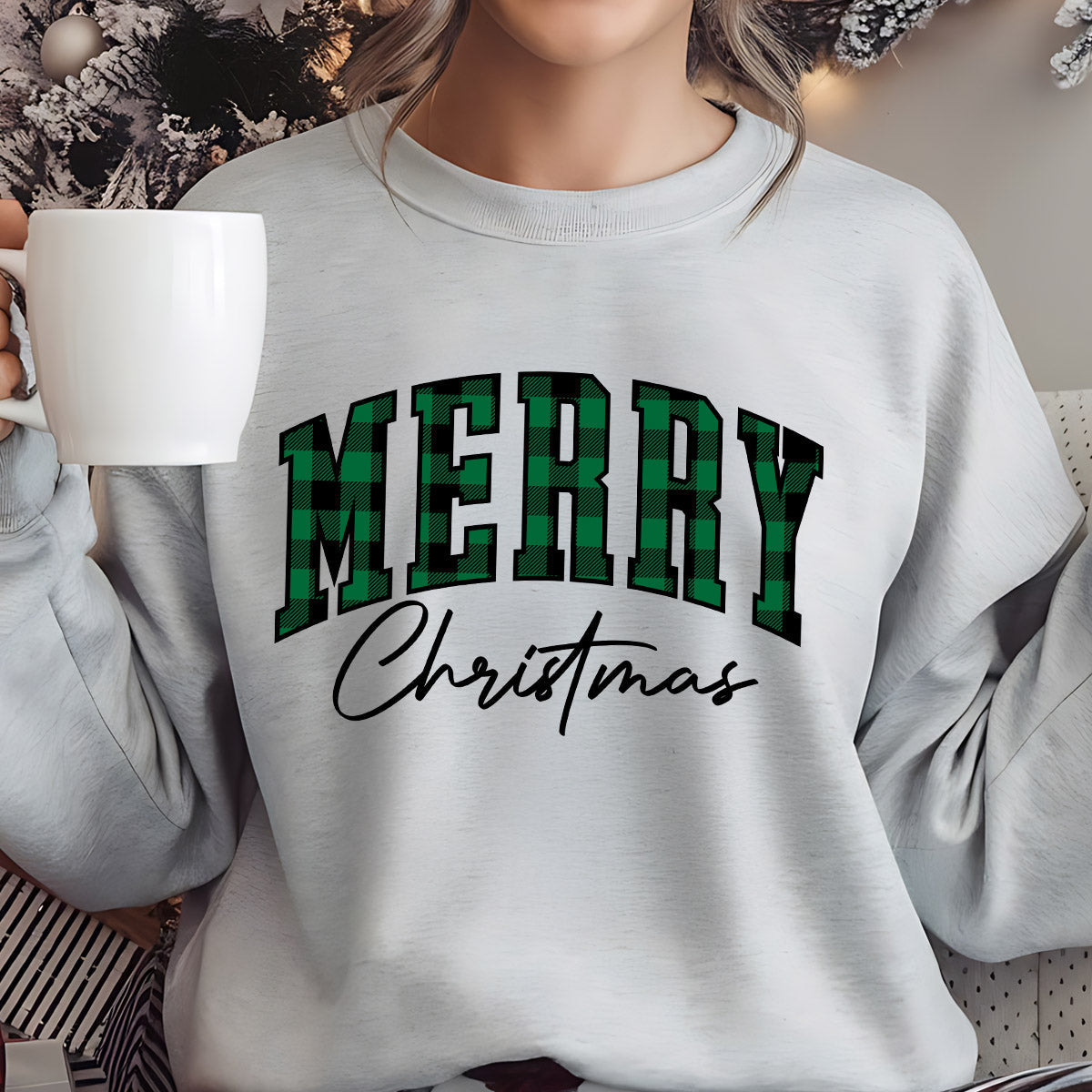 Sweatshirt featuring a Christmas-themed DTF transfer.