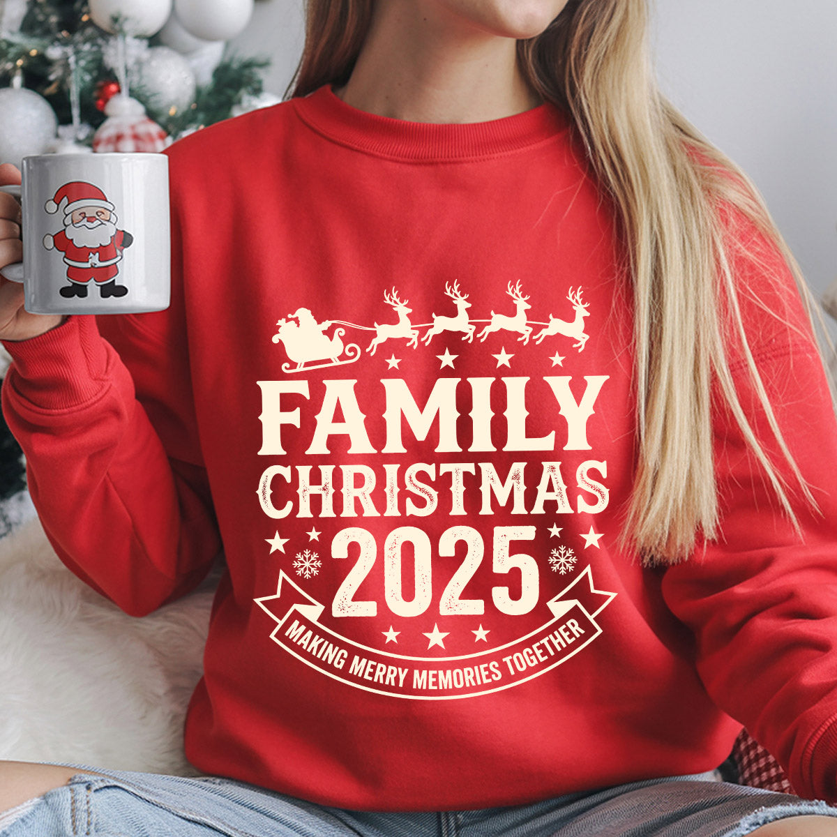Sweatshirt featuring a Christmas-themed DTF transfer.