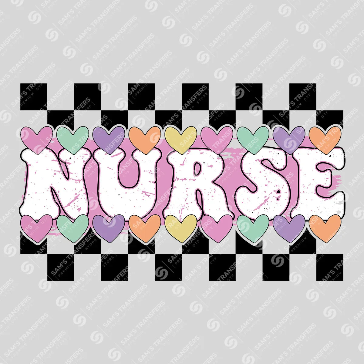 Checkered Candy Heart Nurse-Themed Ready-to-Press DTF Transfer