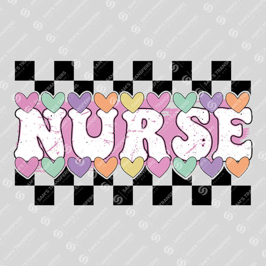Checkered Candy Heart Nurse-Themed Ready-to-Press DTF Transfer