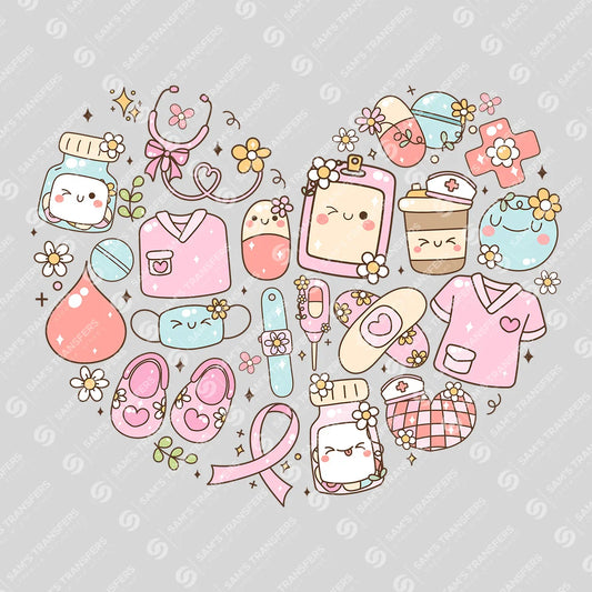 Kawaii Nurse-Themed Heart Design Ready-to-Press DTF Transfer