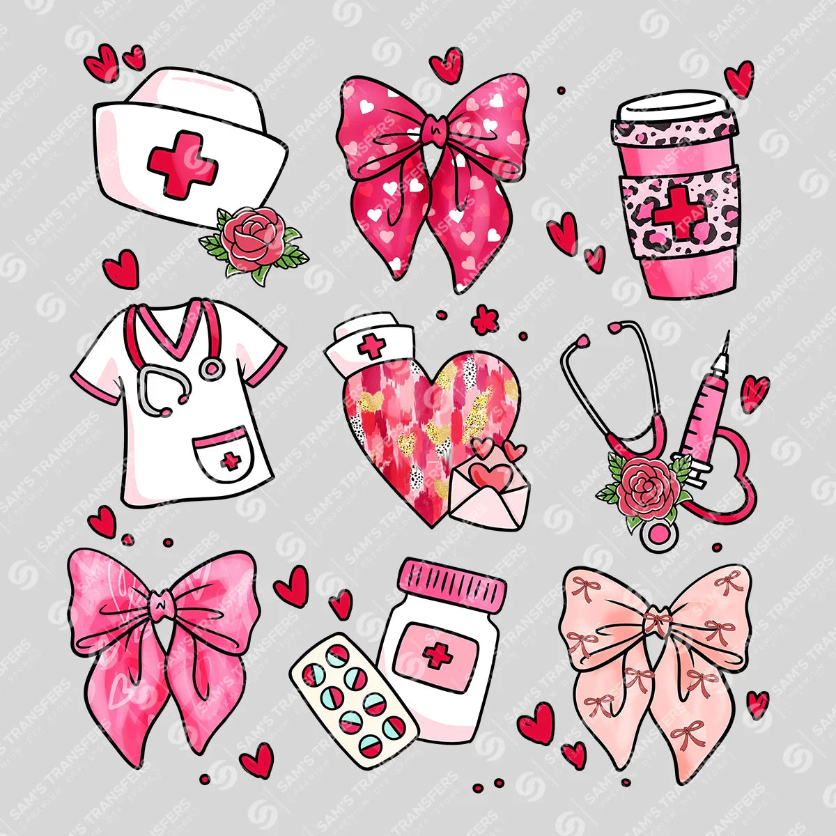 Nurse Icons and Bows Ready-to-Press DTF Transfer