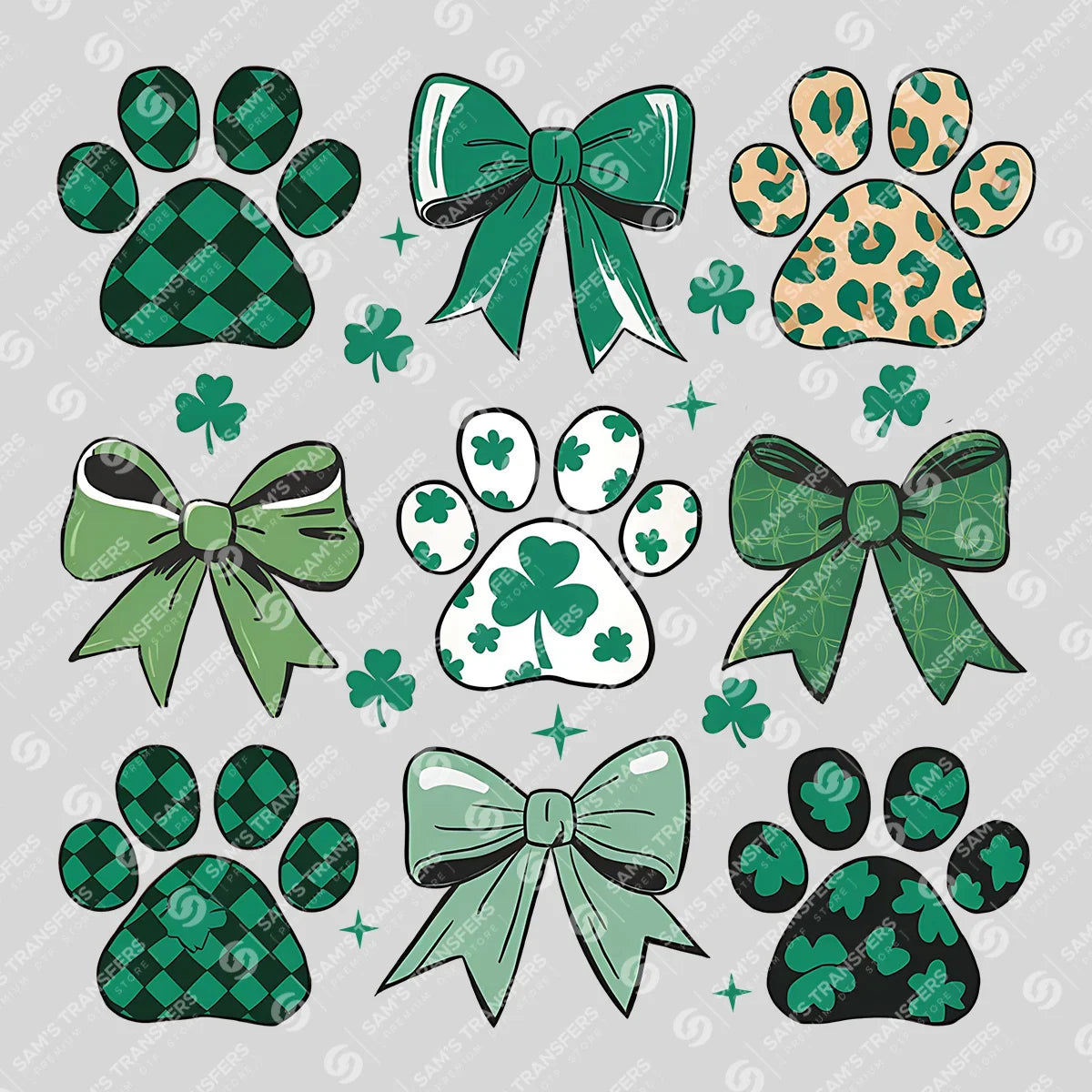 Lucky Paw Prints & Bows St. Patrick’s Day Ready-to-Press DTF Transfer