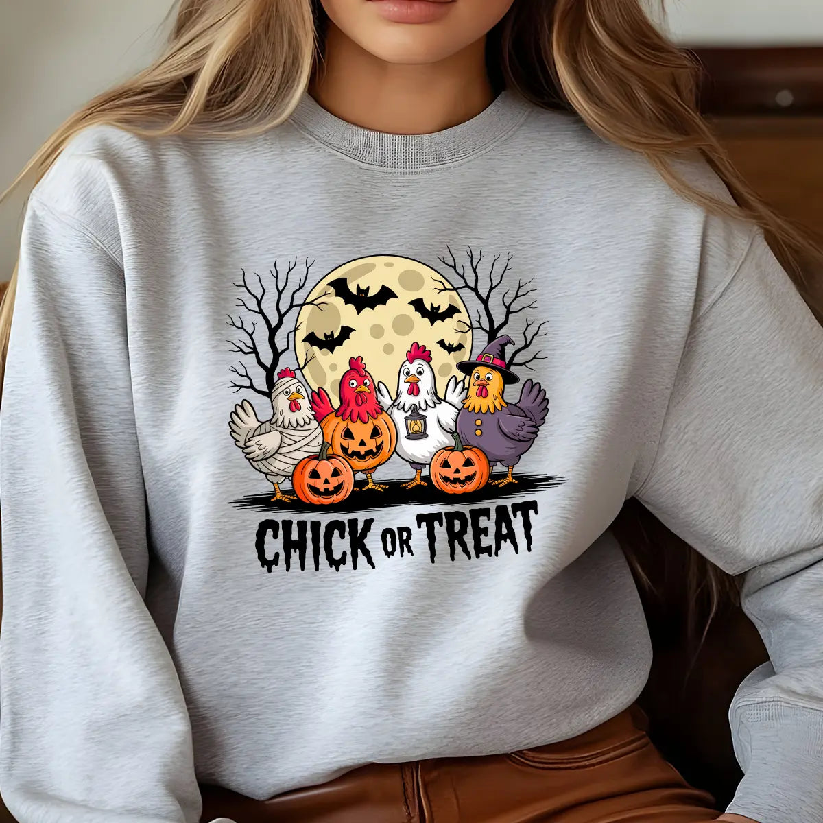 Sweatshirt featuring a Halloween-themed DTF transfer.