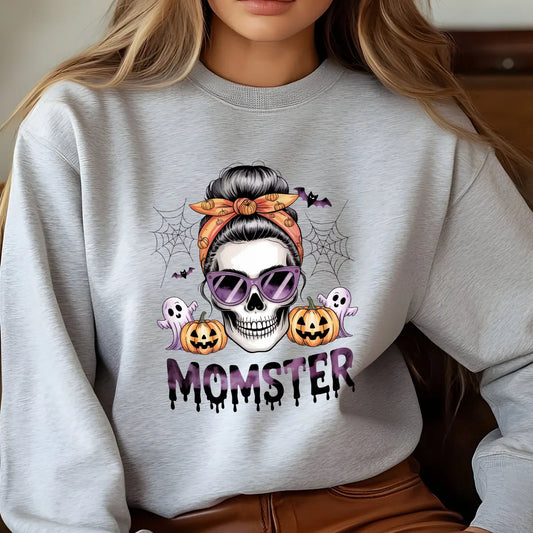 Sweatshirt featuring a Halloween-themed DTF transfer.