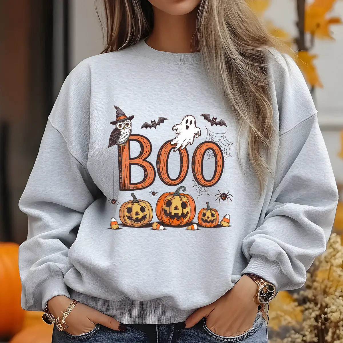 Sweatshirt featuring a Halloween-themed DTF transfer.