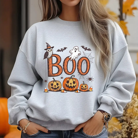 Sweatshirt featuring a Halloween-themed DTF transfer.