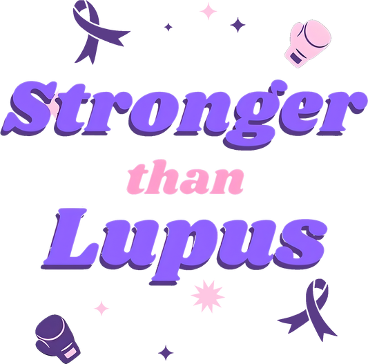 “Stronger Than Lupus” DTF transfer in purple and pink with boxing gloves, awareness ribbons, and stars—ideal for lupus awareness apparel.