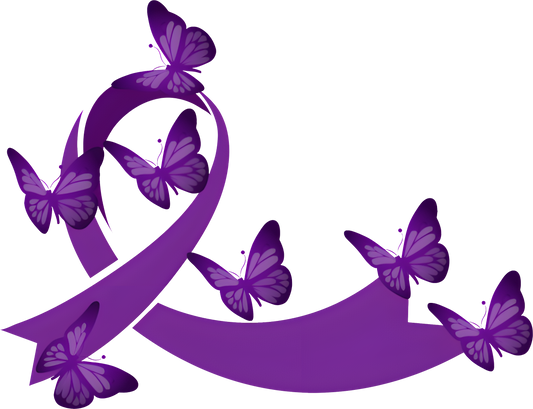 Purple awareness ribbon DTF transfer with flowing butterflies, symbolizing support, remembrance, and multiple awareness causes.