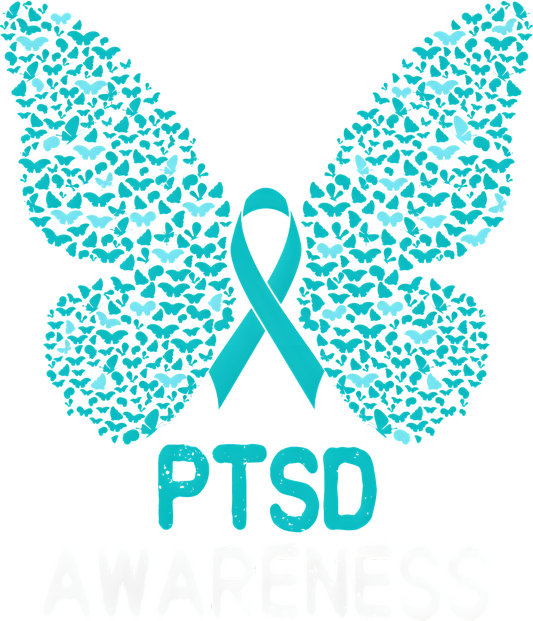 PTSD Awareness DTF transfer with teal ribbon between butterfly-shaped wings made from smaller teal butterflies—representing strength and recovery.