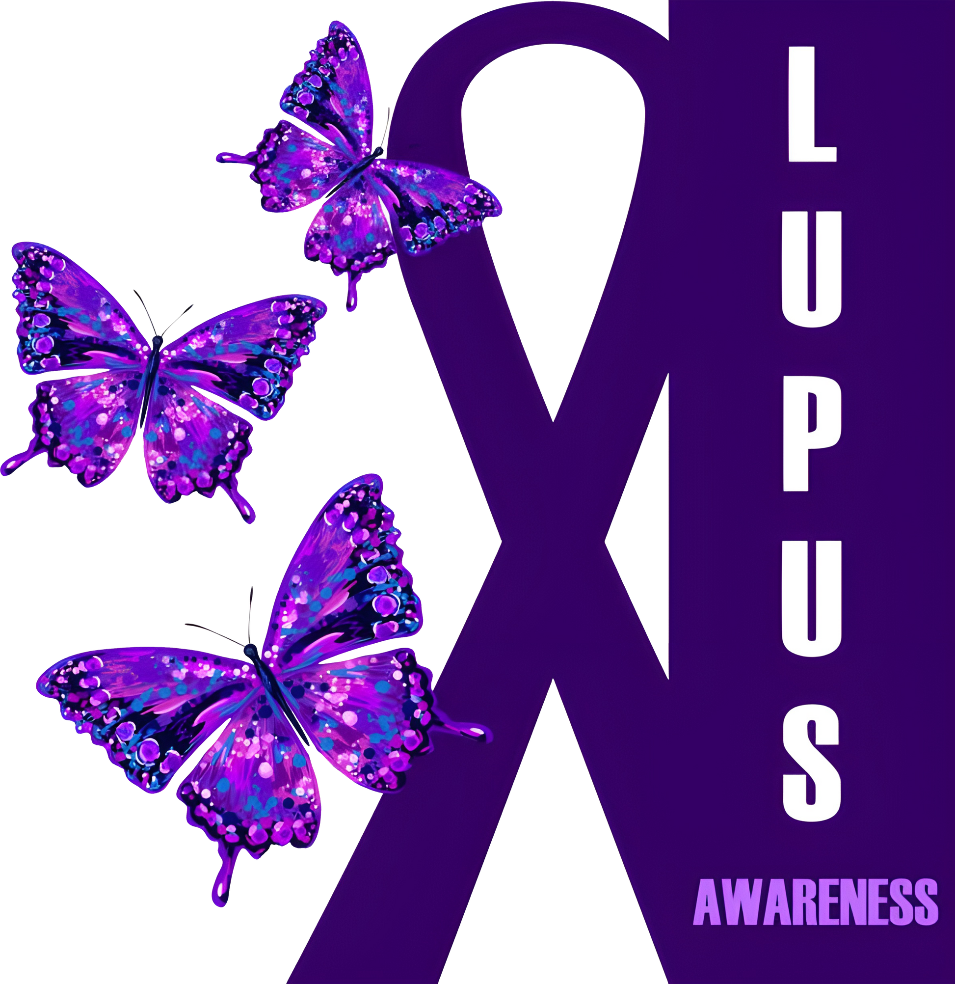 Purple Lupus Awareness DTF transfer design with bold ribbon and three sparkling purple butterflies—symbolizing strength and transformation.