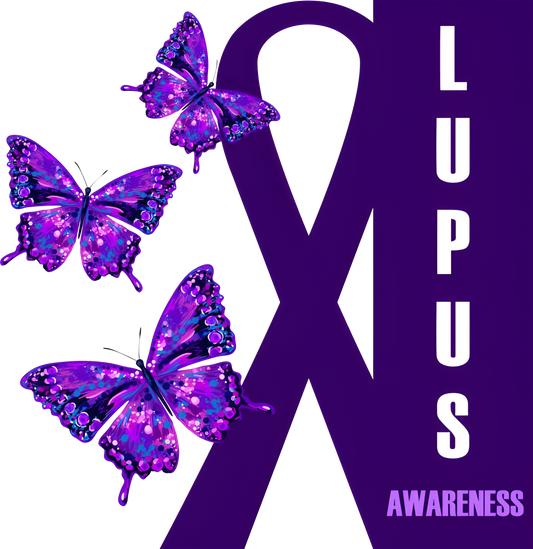 Purple Lupus Awareness DTF transfer design with bold ribbon and three sparkling purple butterflies—symbolizing strength and transformation.