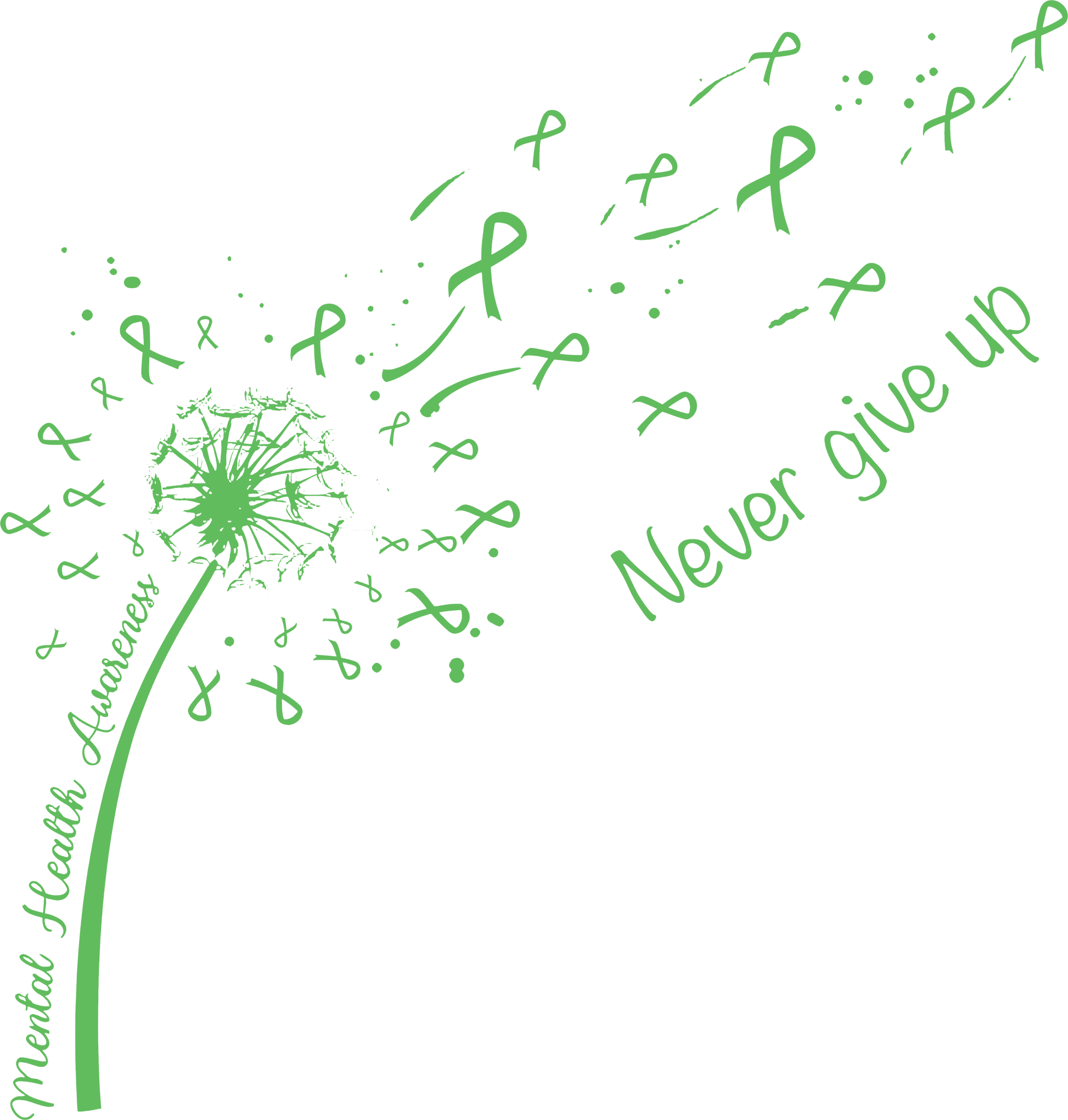 Green “Never Give Up” mental health awareness DTF transfer with dandelion blowing green ribbons into the wind.