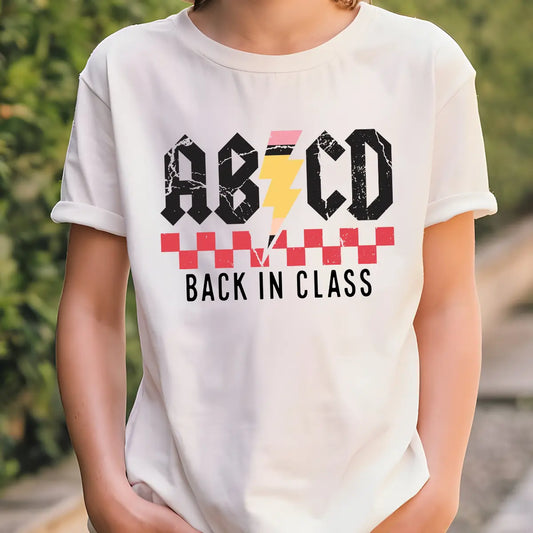 White T-shirt with ABCD Back in Class rock band style DTF transfer design.