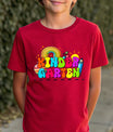 Red T-shirt with bright rainbow-themed “KINDERGARTEN” DTF transfer design for kids.