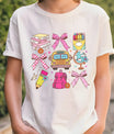 White T-shirt with pink bows and colorful school-themed DTF transfer design.
