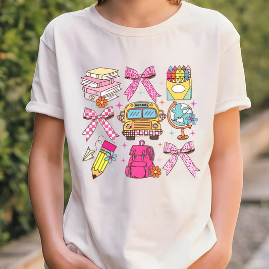 White T-shirt with pink bows and colorful school-themed DTF transfer design.