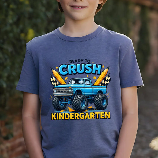 Navy T-shirt with blue monster truck and "Ready to Crush Kindergarten" DTF transfer design.