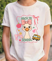 White T-shirt with cute goose, bow, apple, bus and 