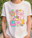 White T-shirt with colorful pastel school supplies and bows DTF transfer design.