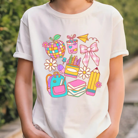 White T-shirt with colorful pastel school supplies and bows DTF transfer design.