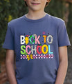 Navy T-shirt with colorful back to school DTF transfer design featuring letters, patterns, and checkered details.