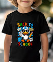 Black T-shirt with colorful back to school DTF transfer featuring a cartoon duck, school supplies, and plaid background.