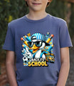 Navy T-shirt with colorful back to school DTF transfer showing a cool cartoon duck with school bus, soccer balls, and school supplies.