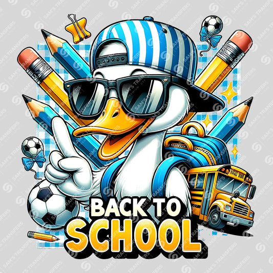 Back to School DTF Transfer – Cool Duck with School Bus & Supplies