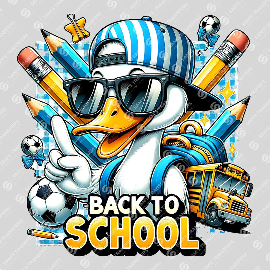 Back to School DTF Transfer – Cool Duck with School Bus & Supplies