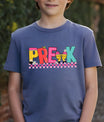 Navy T-shirt with colorful “PRE-K” DTF transfer design featuring school-themed letters, bow, daisies, and pink checkerboard accents.