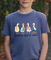 Navy-blue T-shirt with “Welcome back to school” DTF transfer design featuring four cute cartoon geese in school outfits with backpacks and books.
