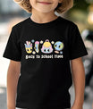 Black T-shirt with “Back to School Time” DTF transfer design featuring cute pastel cartoon school items with big kawaii eyes and flowers.