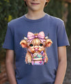 Navy-blue T-shirt with “Back-to-School Highland Cow” DTF transfer design featuring a cute cow with glasses and pink bow holding a pastel school backpack.