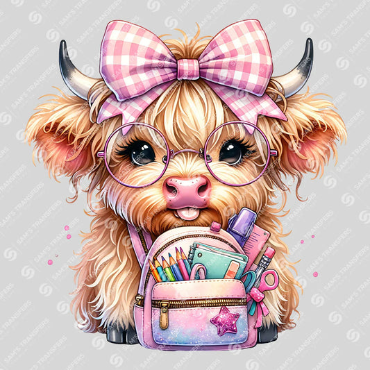Back-to-School Highland Cow – Cute Kids DTF Transfer