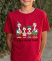 Red T-shirt with “just a school goose” DTF transfer design featuring four cute cartoon geese dressed in colorful school clothes with backpacks.