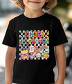 Black T-shirt with “Kindergarten” DTF transfer design featuring colorful checkered background, school icons, rainbow, and bright lettering.